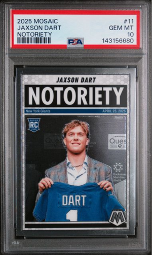 Graded 2025 Panini Mosaic Jaxson Dart #11 Notoriety Rookie RC Football Card PSA 10 Gem Mint