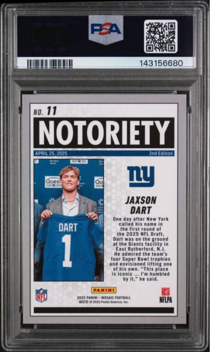 Graded 2025 Panini Mosaic Jaxson Dart #11 Notoriety Rookie RC Football Card PSA 10 Gem Mint