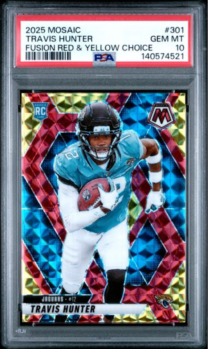 Graded 2025 Panini Mosaic Travis Hunter #301 Fusion Red/Yellow Choice /89 Rookie RC Football Card PSA 10 Gem Mint