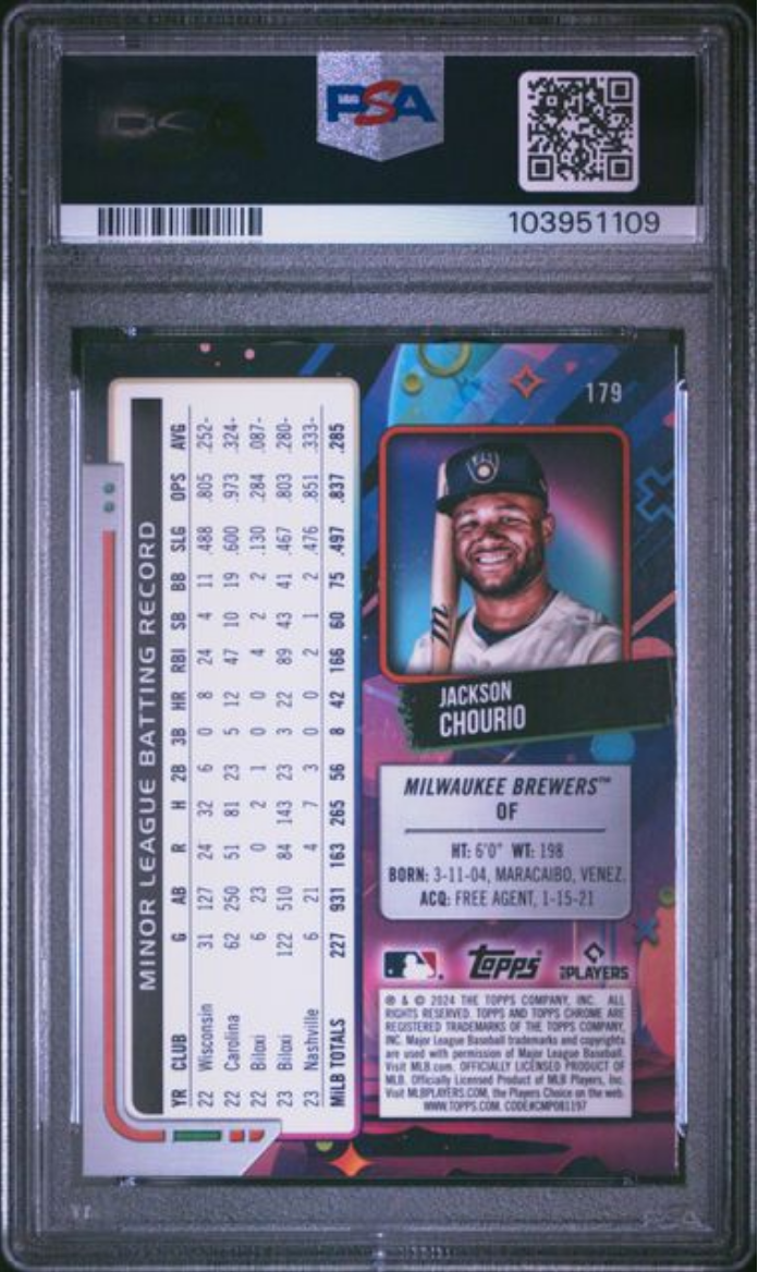 Graded 2024 Topps Cosmic Chrome Jackson Chourio #179 Rookie RC Baseball Card PSA 10 Gem Mint