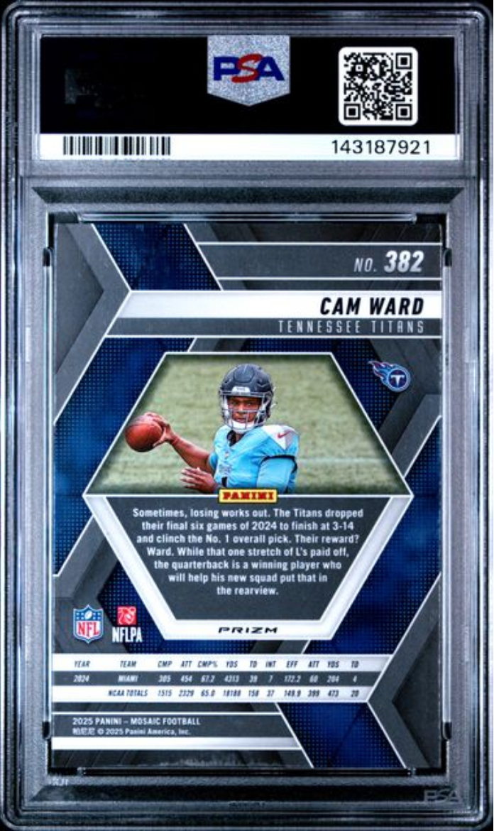 Graded 2025 Panini Mosaic Cam Ward #382 Silver Rookie RC Football Card PSA 10 Gem Mint