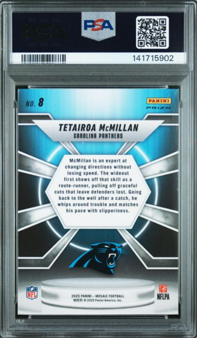 Graded 2025 Panini Mosaic Tetairoa McMillan #8 Center Stage Rookie RC Football Card PSA 10 Gem Mint