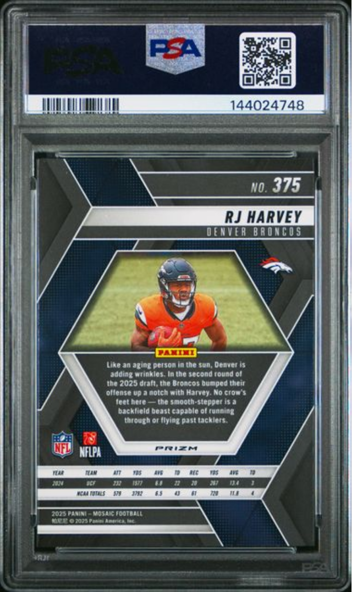 Graded 2025 Panini Mosaic RJ Harvey #375 Mosaic Rookie RC Football Card PSA 10 Gem Mint