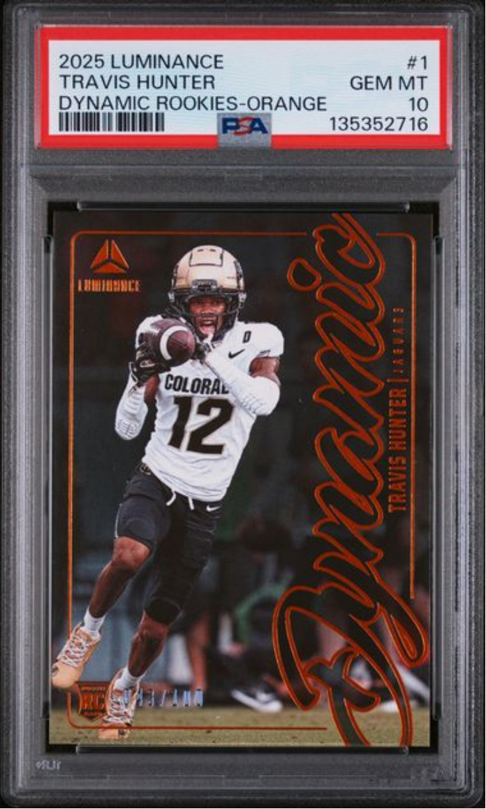 Graded 2025 Panini Luminance Travis Hunter #1 Dynamic Rookies Orange /100 Rookie RC Football Card PSA 10 Gem Mint