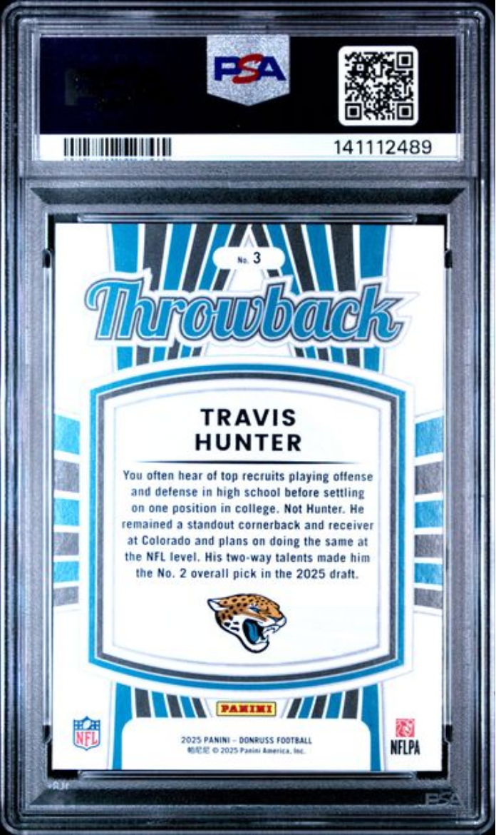 Graded 2025 Panini Donruss Travis Hunter #3 Rated Rookies Throwback Rookie RC Football Card PSA 10 Gem Mint