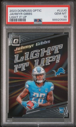 Graded 2023 Panini Donruss Optic Jahmyr Gibbs #LUJG Light It Up Rookie RC Football Card PSA 10 Gem Mint