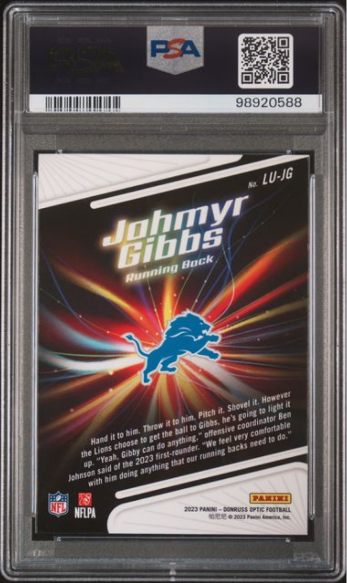 Graded 2023 Panini Donruss Optic Jahmyr Gibbs #LUJG Light It Up Rookie RC Football Card PSA 10 Gem Mint