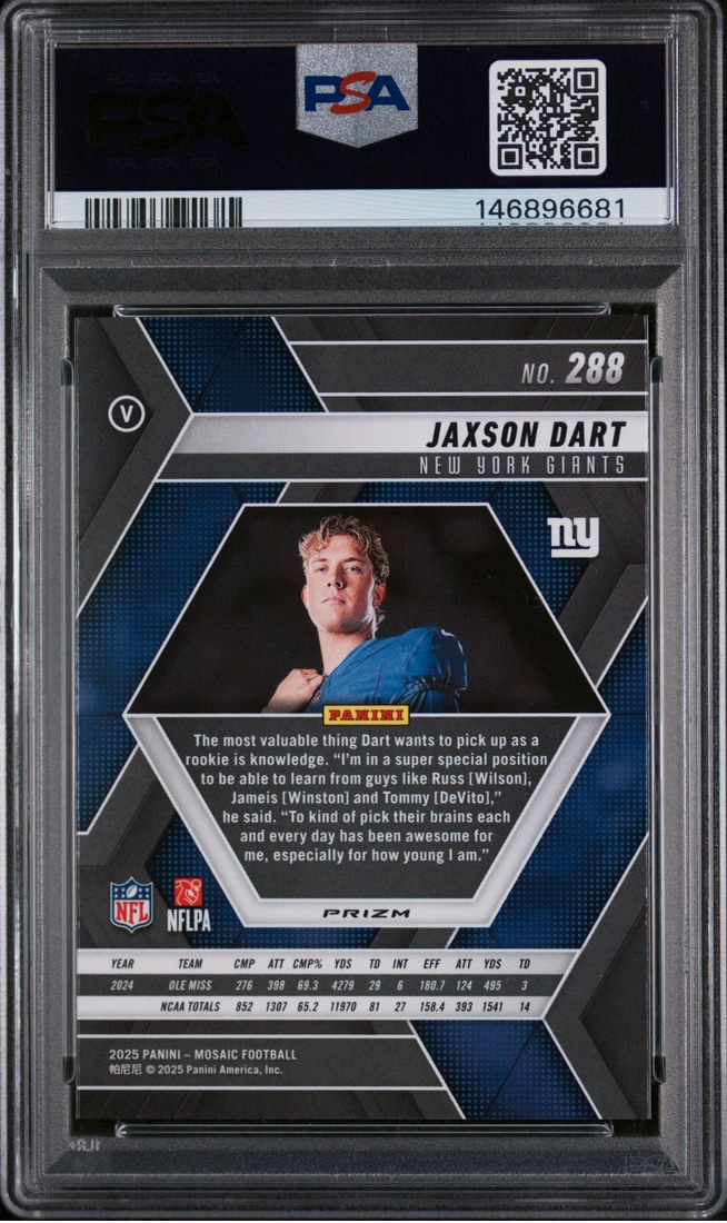 Graded 2025 Panini Mosaic Jaxson Dart #288 Mosaic Rookie RC Football Card PSA 10 Gem Mint