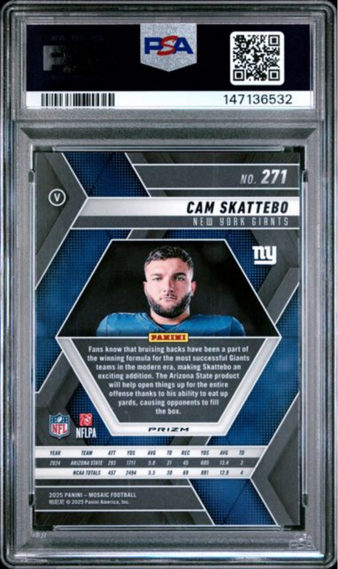 Graded 2025 Panini Mosaic Cam Skattebo #271 Green Rookie RC Football Card PSA 10 Gem Mint