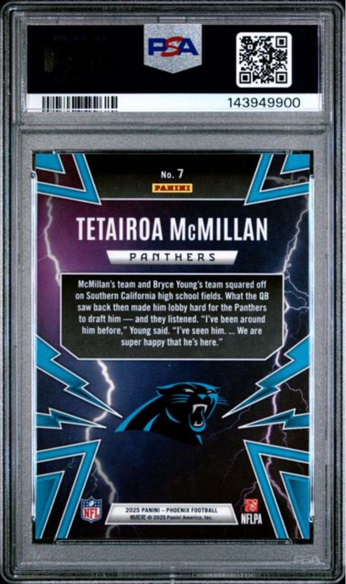 Graded 2025 Panini Phoenix Tetairoa McMillan #7 Thunderbirds Rookie RC Football Card PSA 10 Gem Mint