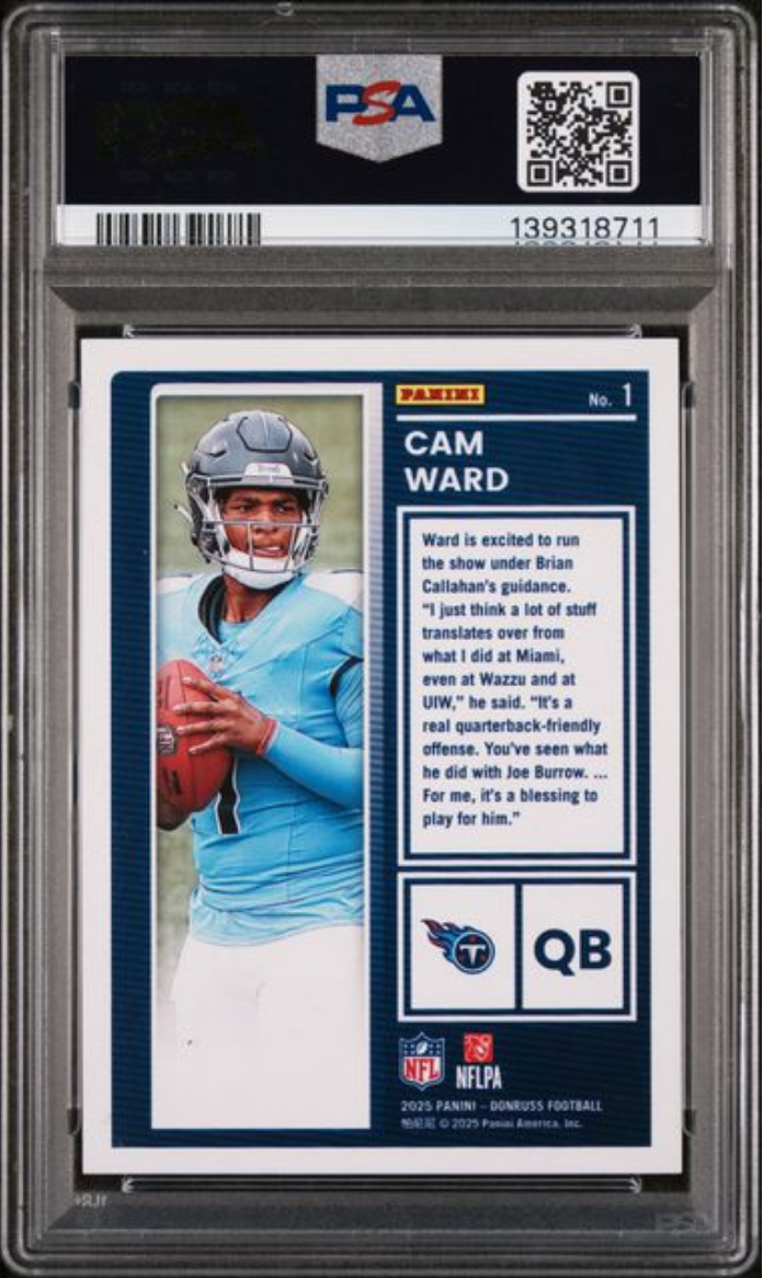 Graded 2025 Panini Donruss Cam Ward #1 The Rookies Rookie RC Football Card PSA 10 Gem Mint