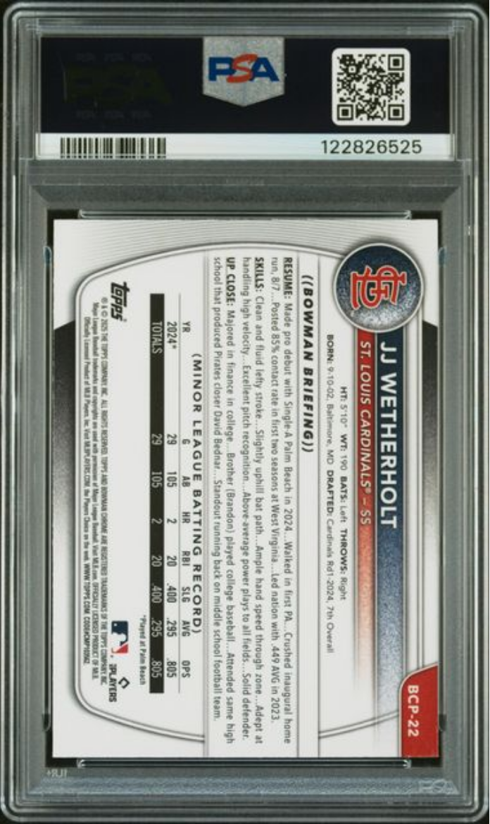Graded 2025 Topps Bowman Mega Box JJ Wetherholt #22 Prospects Rookie RC Baseball Card PSA 10 Gem Mint