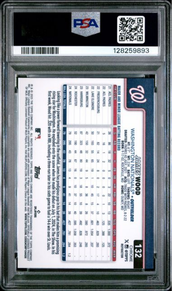 Graded 2025 Topps Chrome James Wood #132 Refractor Rookie RC Baseball Card PSA 10 Gem Mint