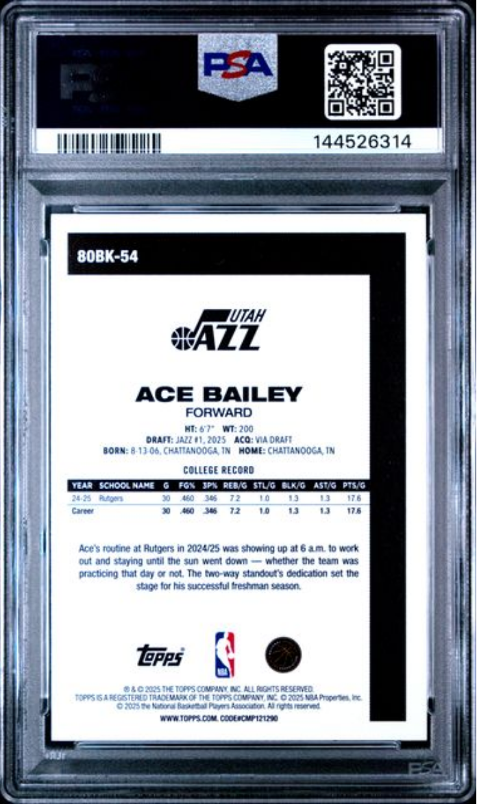 Graded 2025 Topps Ace Bailey #80BK-54 1980 Topps Basketball Rookie RC Basketball Card PSA 10 Gem Mint