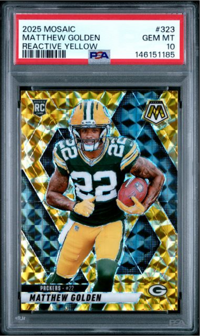 Graded 2025 Panini Mosaic Matthew Golden #323 Reactive Yellow Rookie RC Football Card PSA 10 Gem Mint