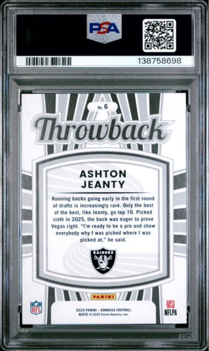 Graded 2025 Panini Donruss Ashton Jeanty #6 Rated Rookies Throwback Rookie RC Football Card PSA 10 Gem Mint