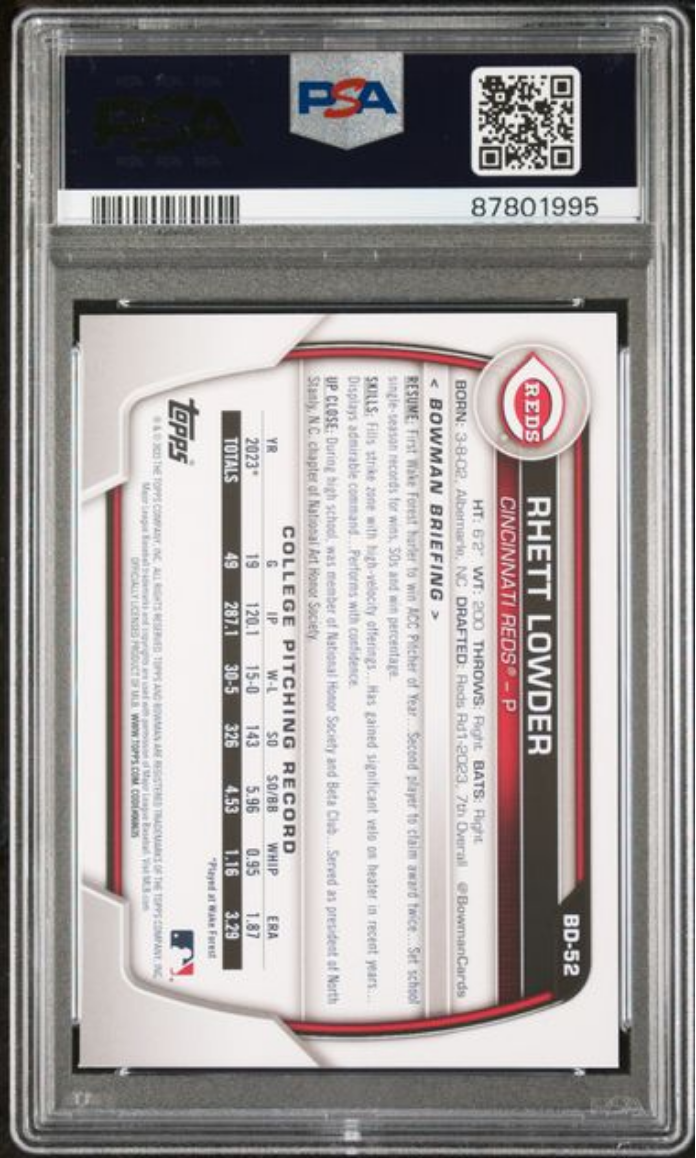 Graded 2023 Topps Bowman Draft Rhett Lowder #BD52 Rookie RC Baseball Card PSA 10 Gem Mint