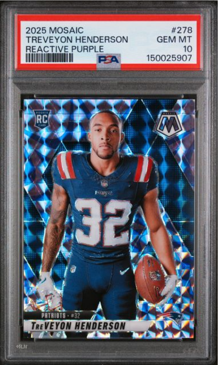Graded 2025 Panini Mosaic TreVeyon Henderson #278 Reactive Purple Rookie RC Football Card PSA 10 Gem Mint