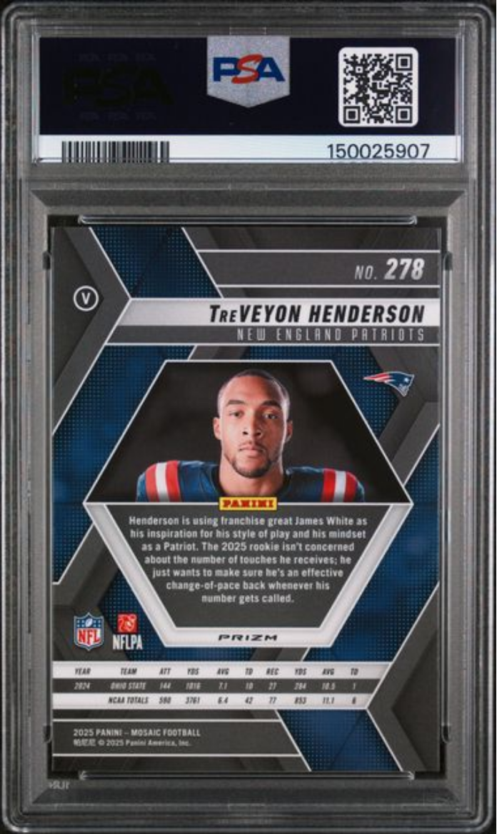 Graded 2025 Panini Mosaic TreVeyon Henderson #278 Reactive Purple Rookie RC Football Card PSA 10 Gem Mint