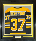 Framed Autographed/Signed Patrice Bergeron 35x39 Boston Black Hockey Jersey JSA COA