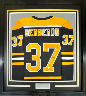Framed Autographed/Signed Patrice Bergeron 35x39 Boston Black Hockey Jersey JSA COA