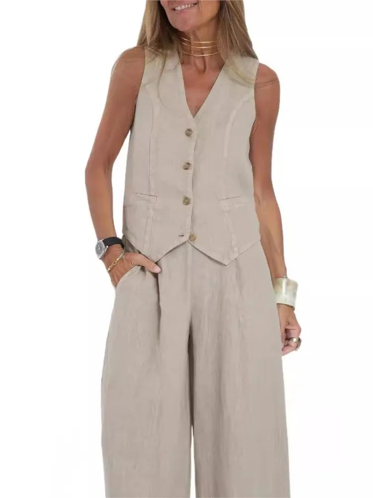 Women's Sleeveless Vest and Pants Set, Colorblock Two-Piece Suit