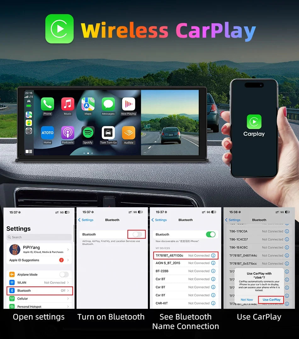 11.3 Inch Portable CarPlay Screen – HD Wireless Touch Display for Apple CarPlay and Android Auto