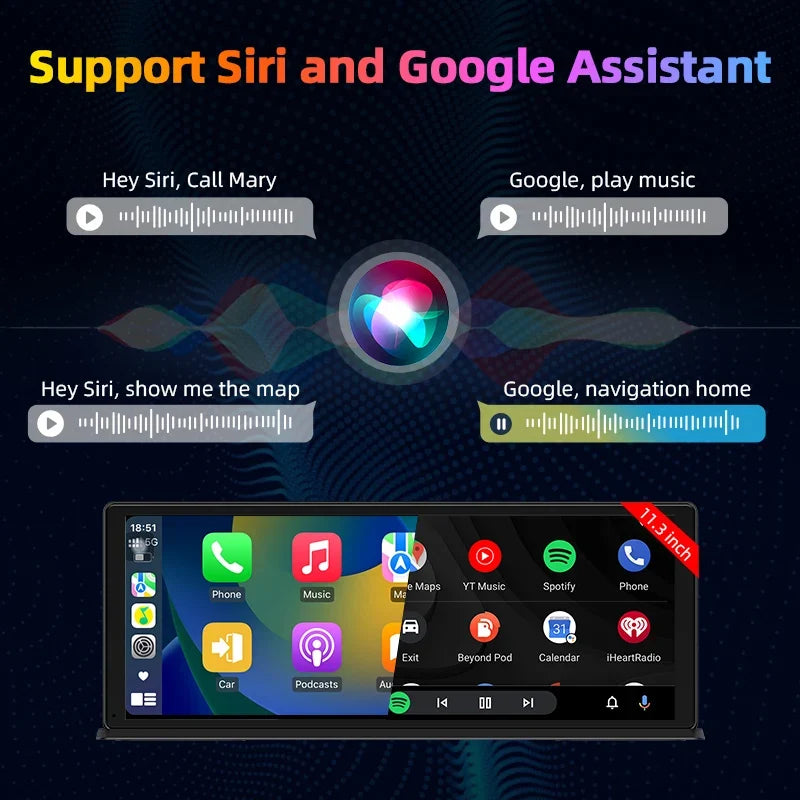 11.3 Inch Portable CarPlay Screen – HD Wireless Touch Display for Apple CarPlay and Android Auto