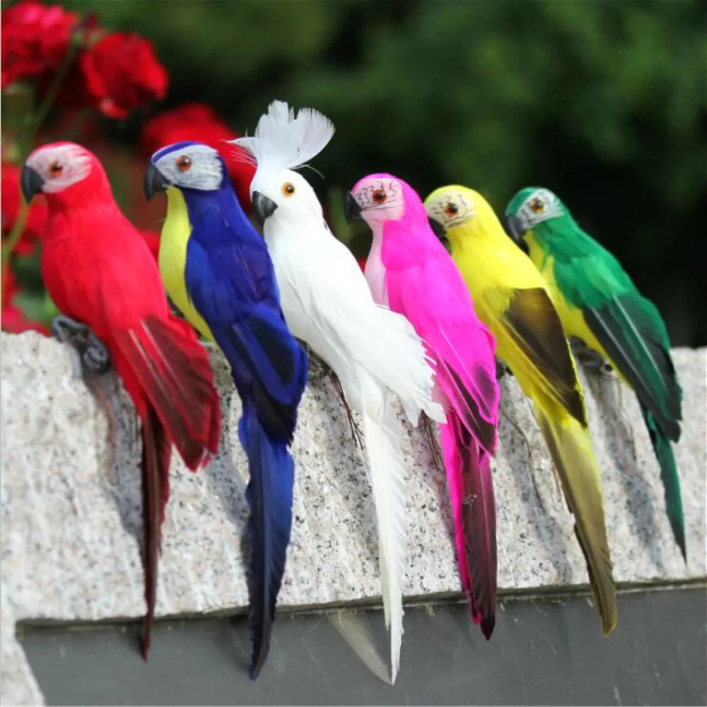 Handmade Feather Parrot Statue – Lifelike Bird Ornament for Garden and Home Decor