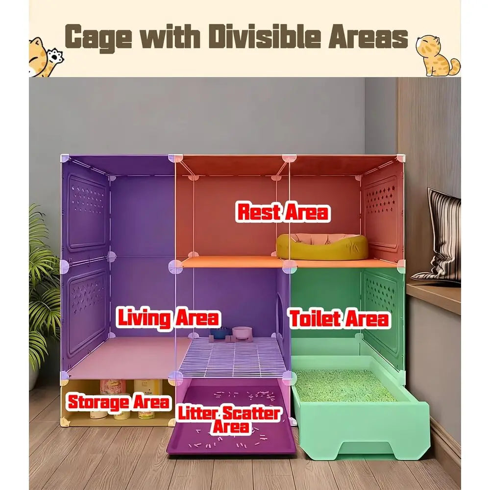 Expandable Metal Cat Enclosure With Litter Box And Clear Door