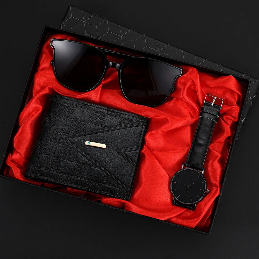 Men's Quartz Watch Gift Set – Casual Watch with Sunglasses & Wallet