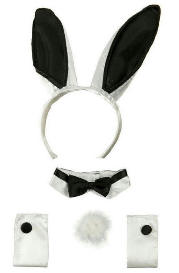 Black and White Bunny Ears Tail Collar Cuffs Costume Accessory Kit