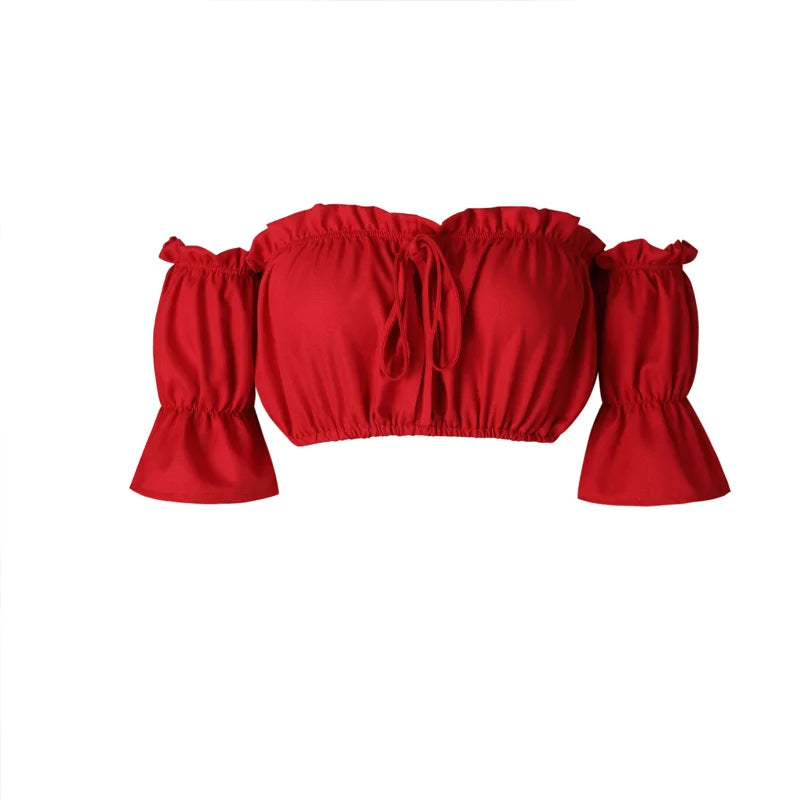 Women's Ruched Crop Top, Strapless Lantern Sleeve Summer Beach Top