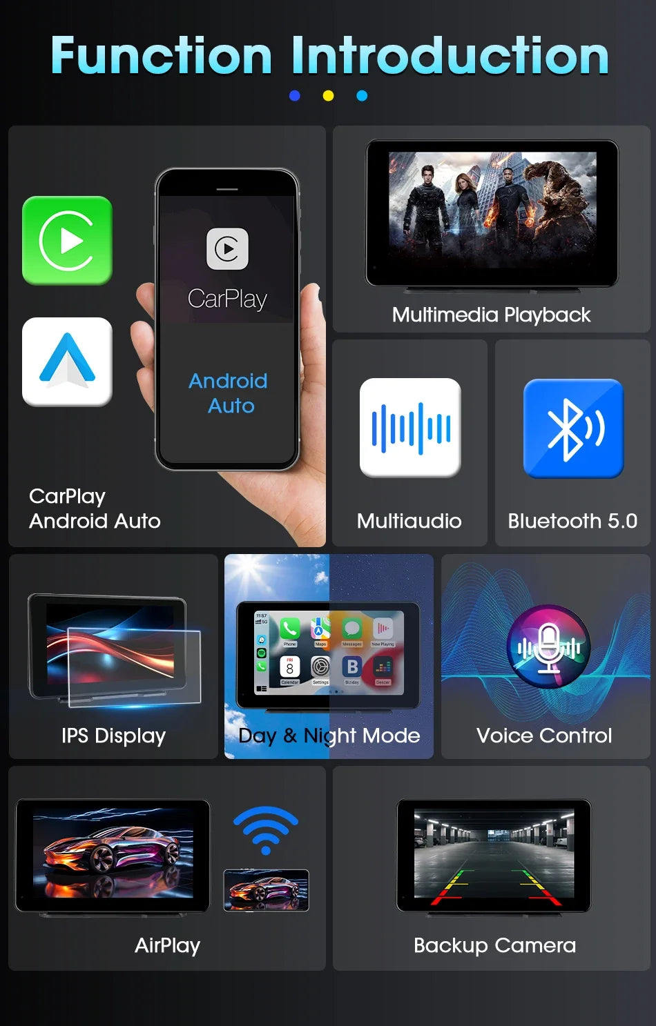 11.3 Inch Portable CarPlay Screen – HD Wireless Touch Display for Apple CarPlay and Android Auto