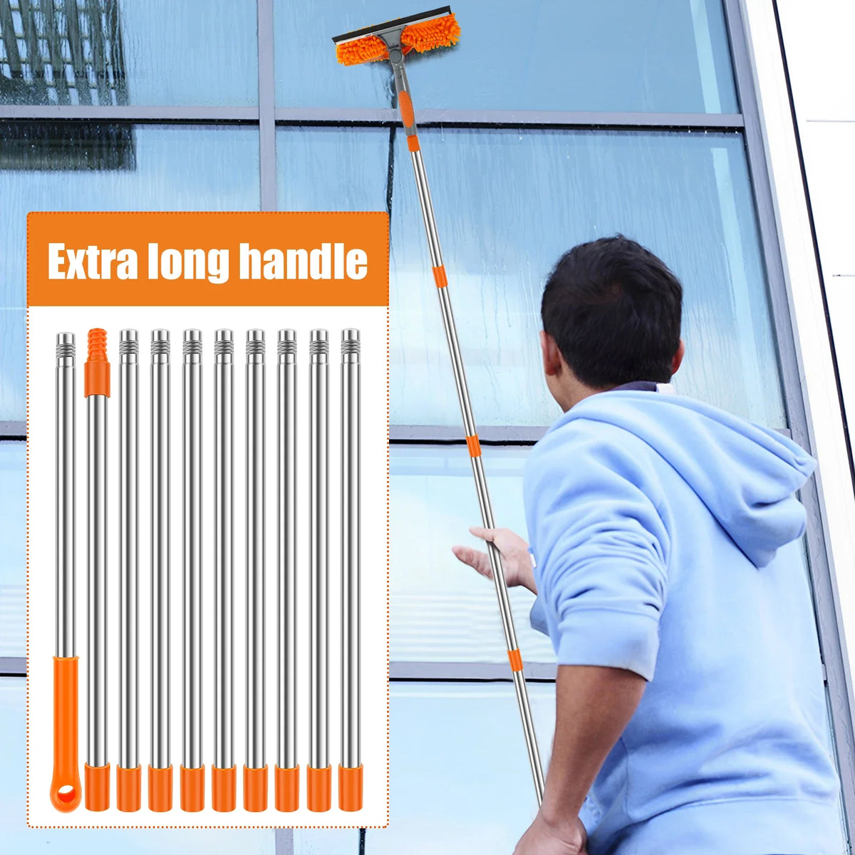 Extendable Window Cleaning Kit, 2-in-1 Double-Sided Glass Squeegee with Microfiber