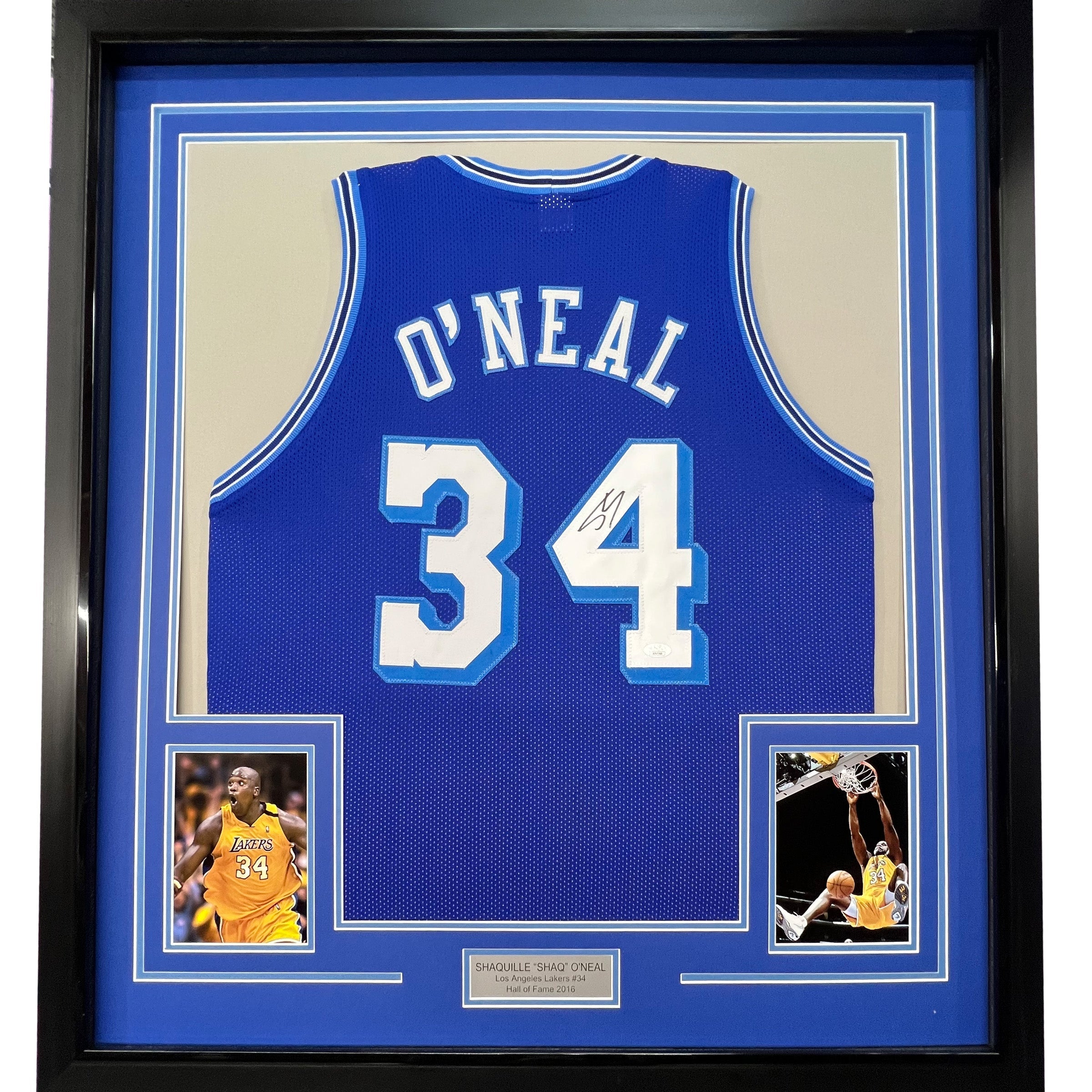 Framed Autographed/Signed Shaquille Shaq O'Neal 35x39 Los Angeles Retro Blue Basketball Jersey JSA COA