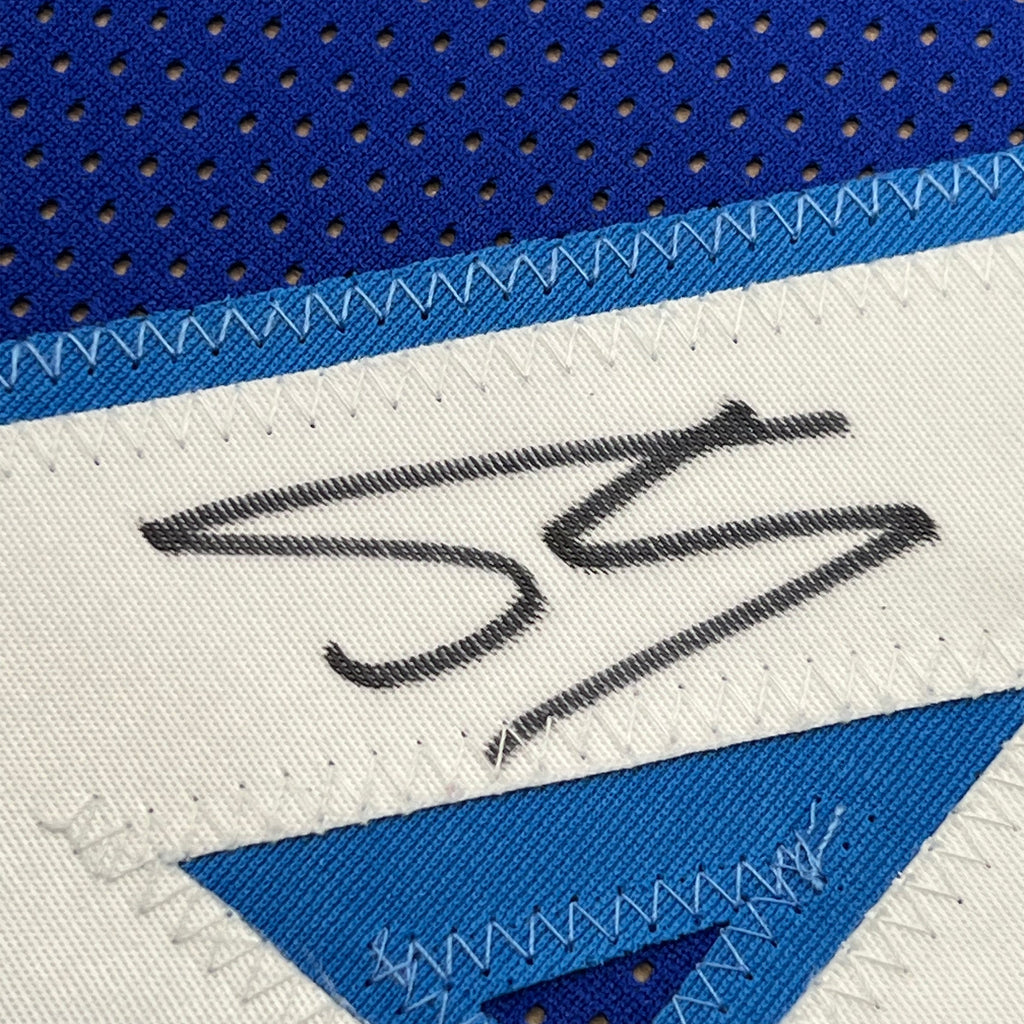 Framed Autographed/Signed Shaquille Shaq O'Neal 35x39 Los Angeles Retro Blue Basketball Jersey JSA COA