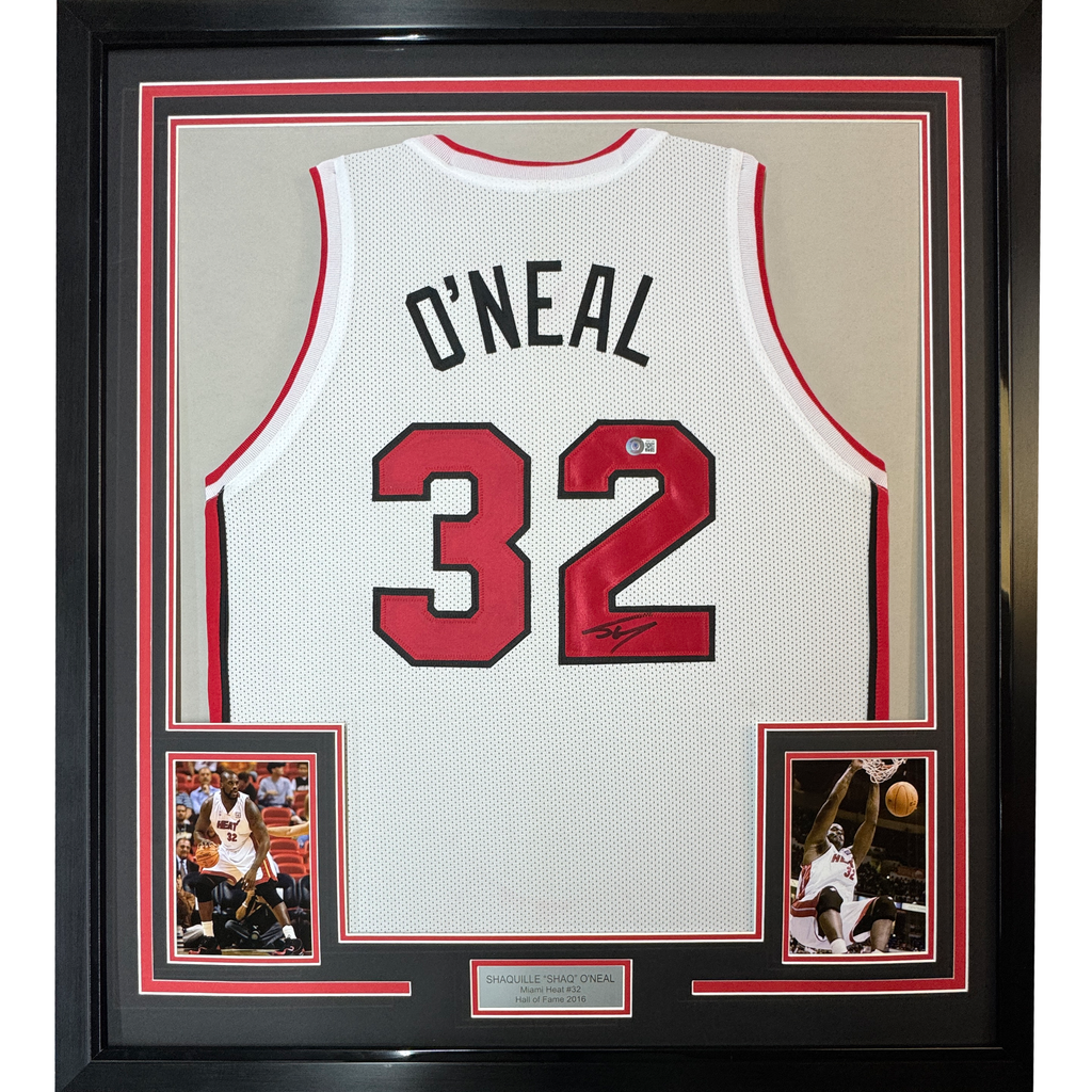 Framed Autographed/Signed Shaquille Shaq O'Neal 35x39 Miami Heat White Basketball Jersey Beckett BAS COA