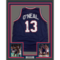 Framed Autographed/Signed Shaquille Shaq O'Neal 35x39 USA United States Blue Basketball Jersey PSA/DNA COA
