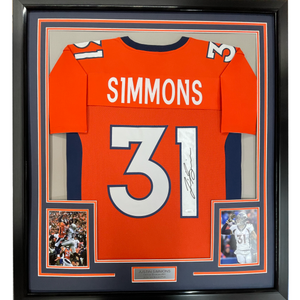 Framed Autographed/Signed Justin Simmons 35x39 Denver Orange Football Jersey PSA/DNA COA