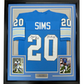 Framed Autographed/Signed Billy Sims 80 ROY 35x39 Detroit Blue Football Jersey JSA COA