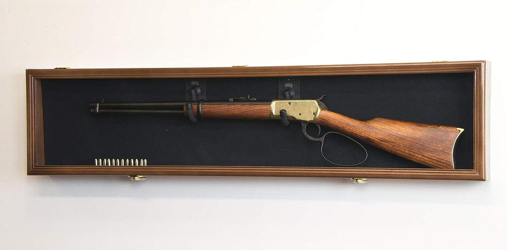 Single Rifle Display Case Wall Rack Cabinet w/ UV Protection - Lockable, Walnut