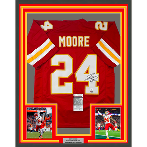 Framed Autographed/Signed Skyy Moore 35x39 Kansas City Red Football Jersey JSA COA