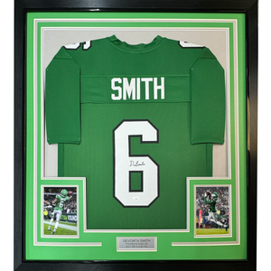 Framed Autographed/Signed Devonta Smith 35x39 Philadelphia Kelly Green Football Jersey JSA COA