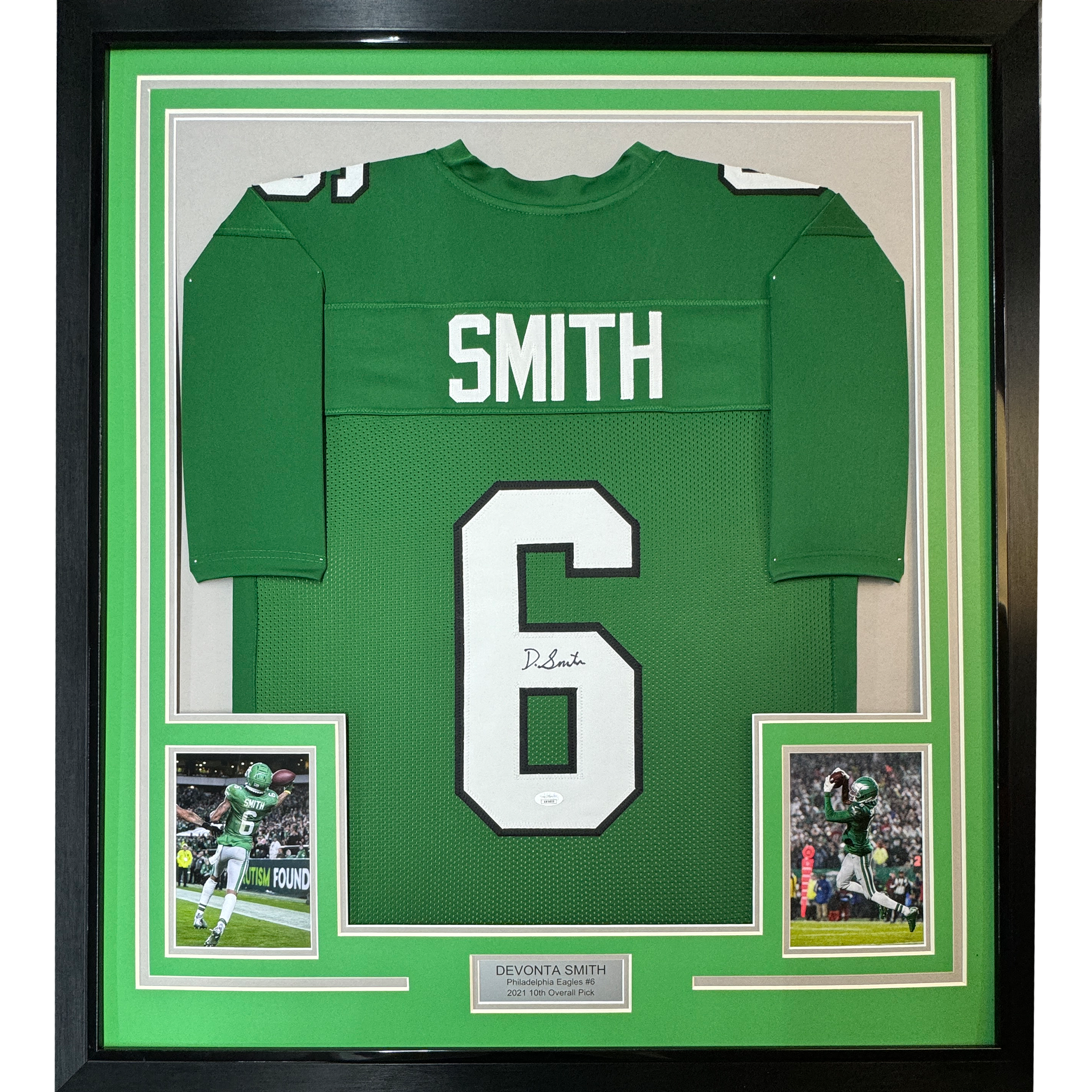 Framed Autographed/Signed Devonta Smith 35x39 Philadelphia Kelly Green Football Jersey JSA COA
