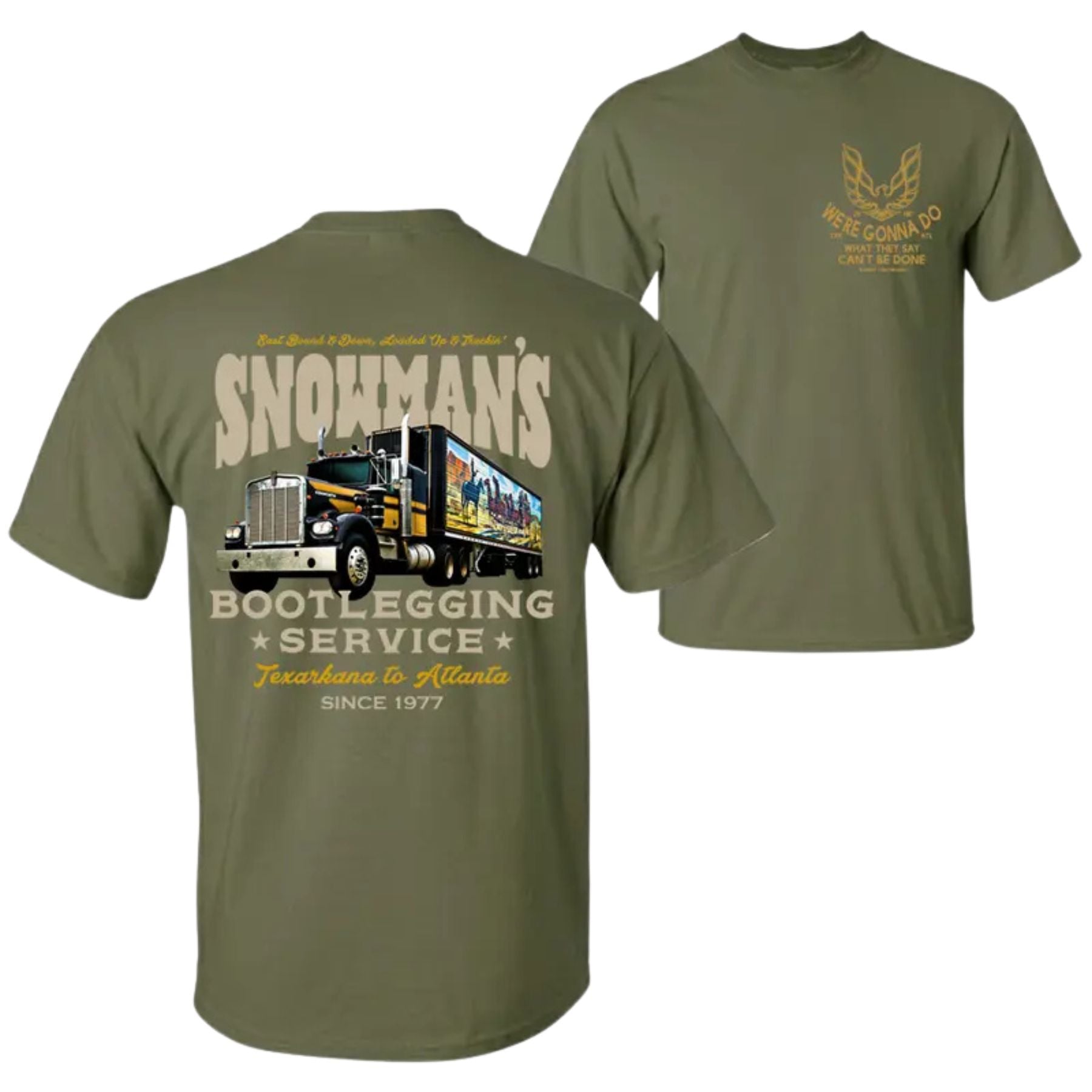 Snowman's Bootlegging Service T-Shirt – Smokey and the Bandit Truck Graphic Tee, Retro 70s Movie Icon Top, Made in USA