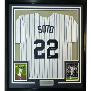 Framed Autographed/Signed Juan Soto 35x39 New York Pinstripe Baseball Jersey Beckett BAS COA
