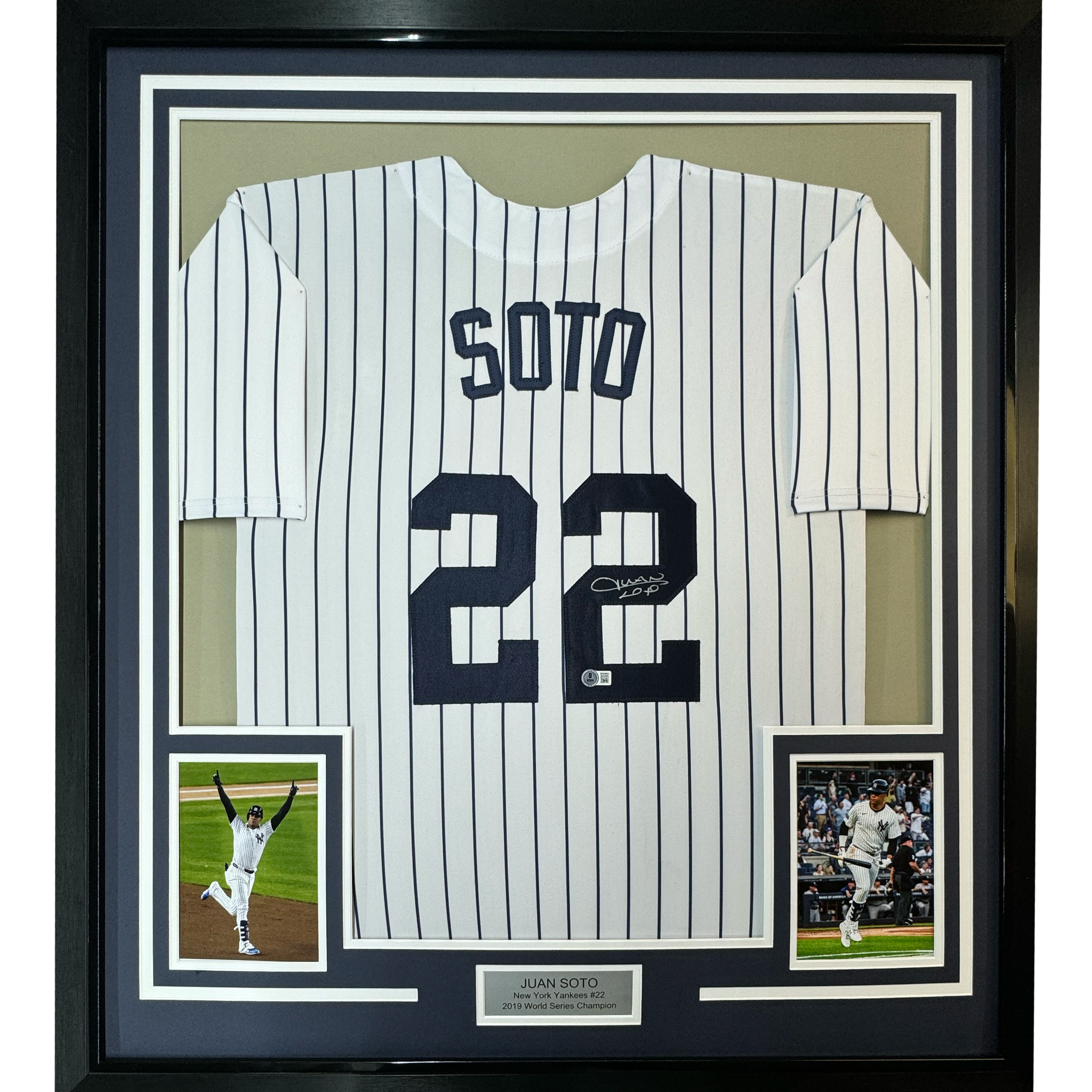 Framed Autographed/Signed Juan Soto 35x39 New York Pinstripe Baseball Jersey Beckett BAS COA