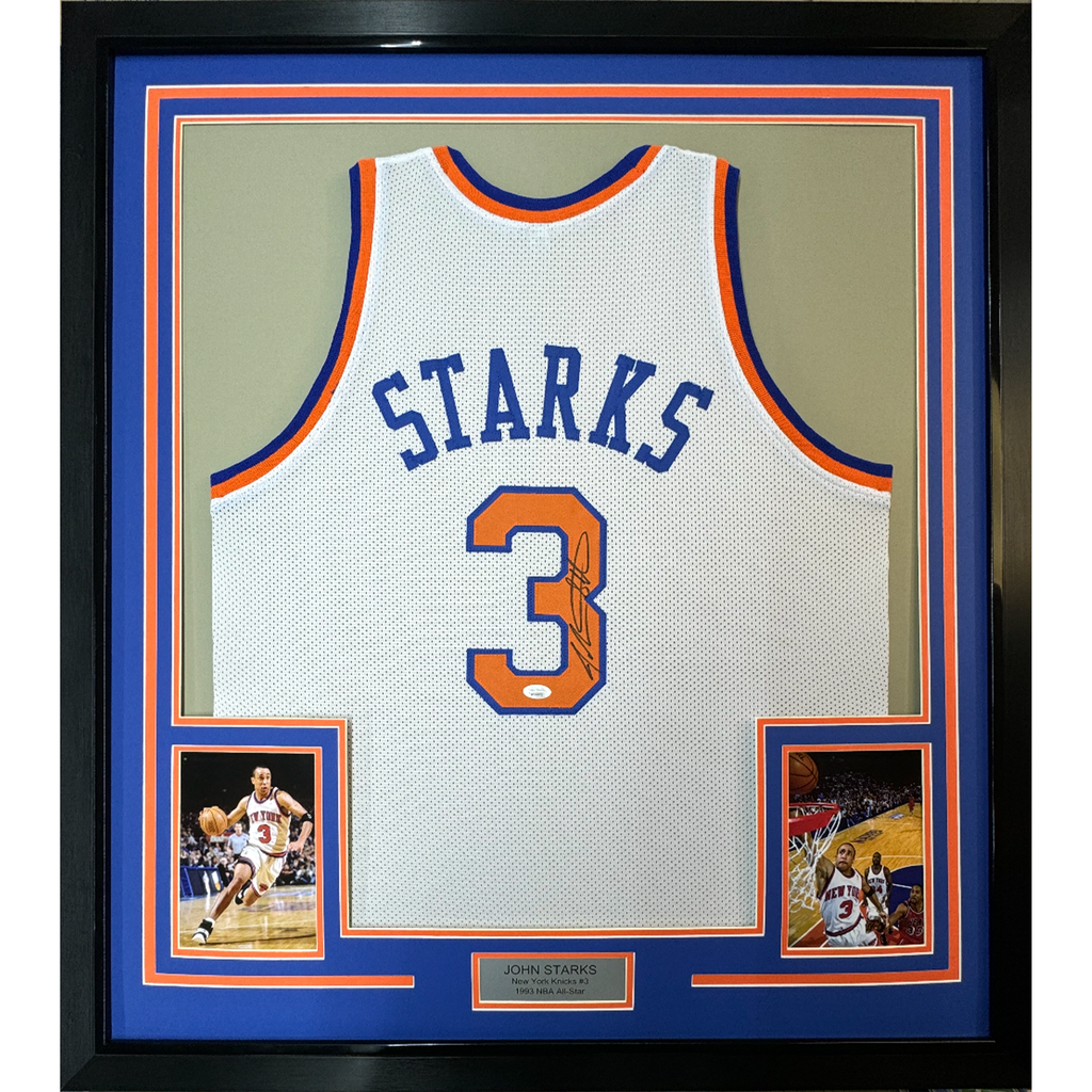 Framed Autographed/Signed John Starks 35x39 New York White Basketball Jersey JSA COA