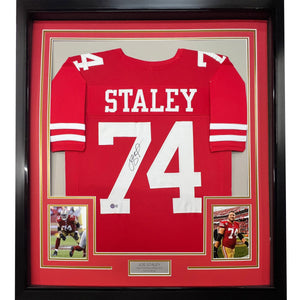 Framed Autographed/Signed Joe Staley 35x39 San Francisco Red Football Jersey Beckett BAS COA